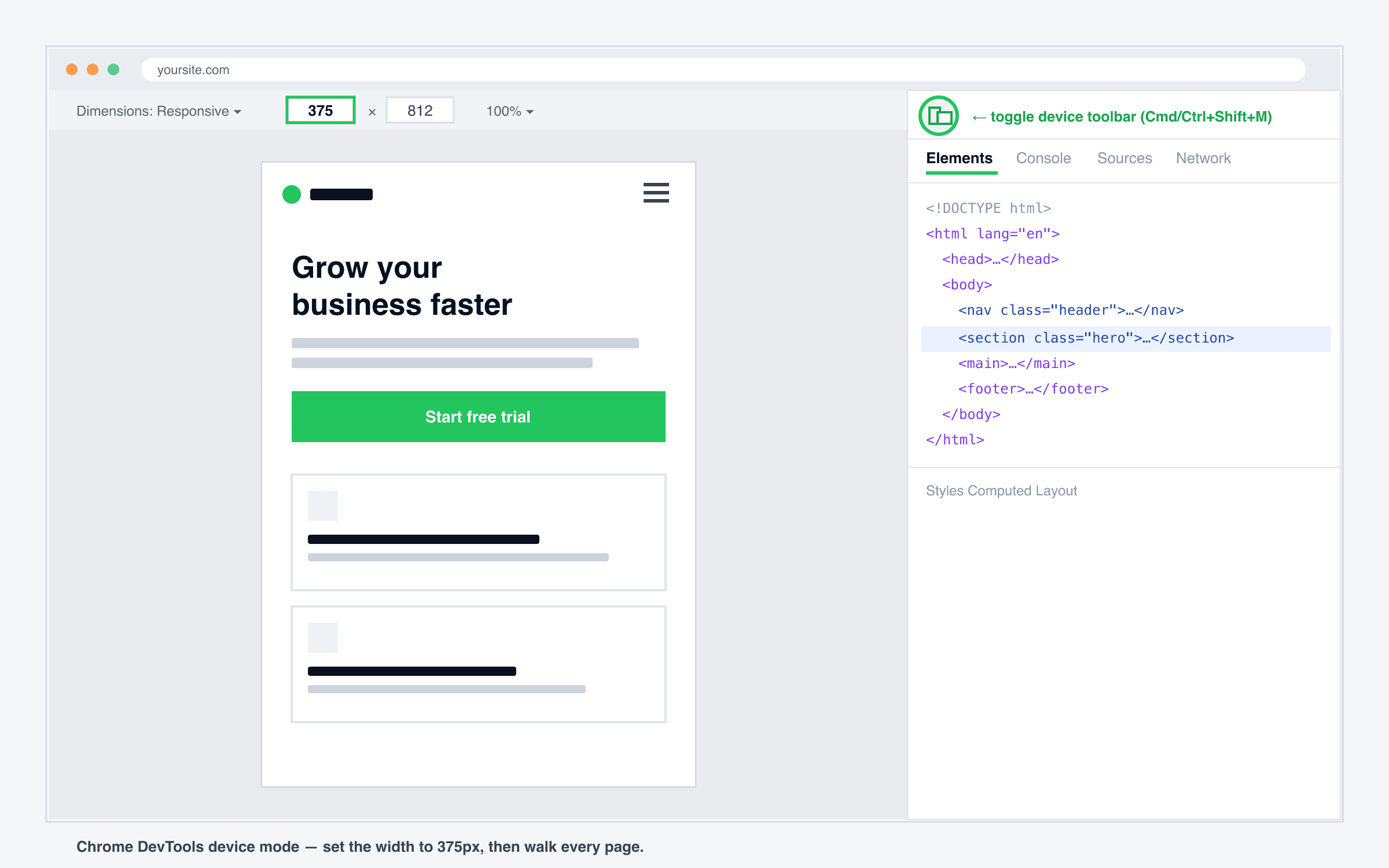 Illustration of Chrome DevTools device emulation mode testing a website at 375px mobile width with the device toolbar and width field visible